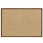 Small beige flatweave rug with a brown fabric border