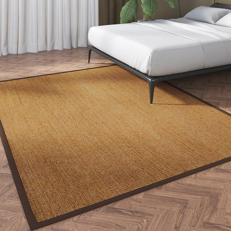 Small beige flatweave rug with a brown fabric border