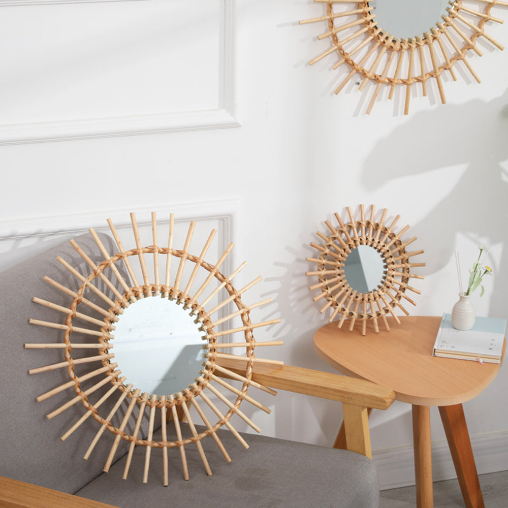 Small round rattan sun mirror