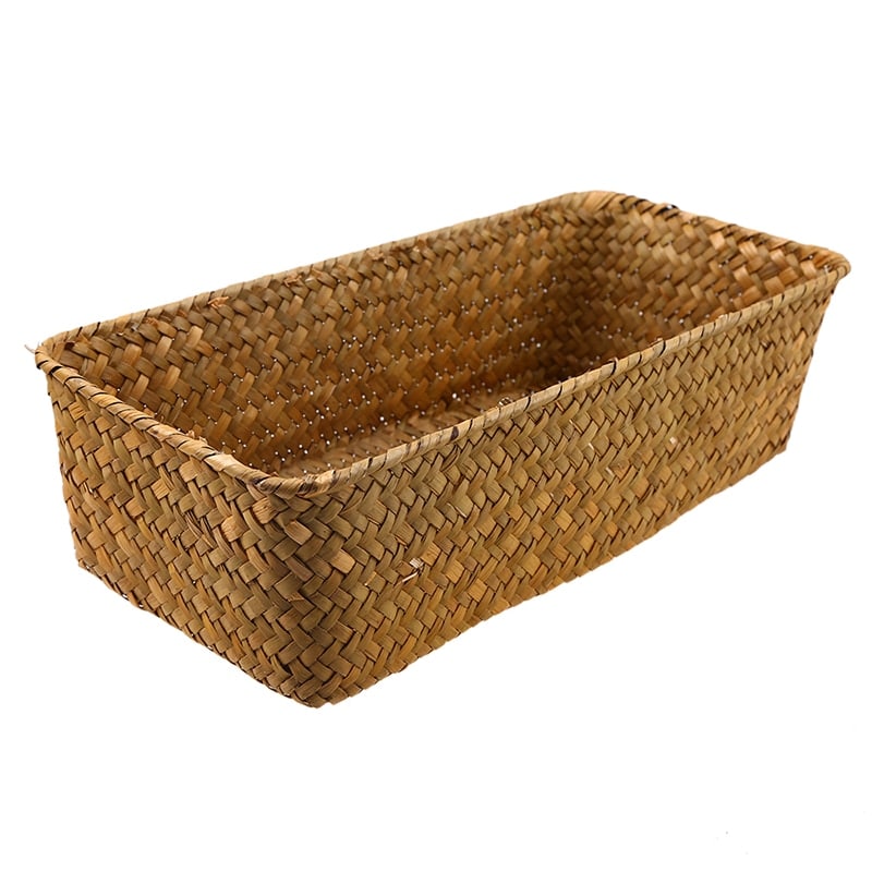 Small narrow rectangular woven baskets holding napkins and jars