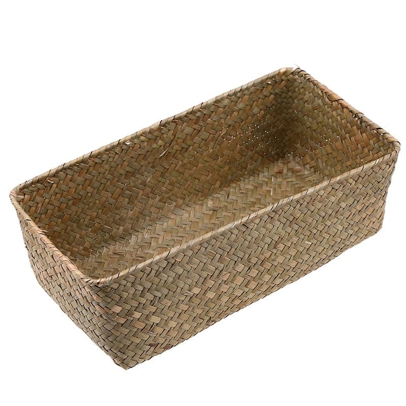 Small narrow rectangular woven baskets holding napkins and jars