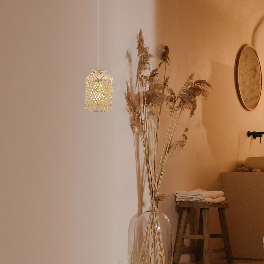 Small lantern shaped lamp shade in beige woven bamboo