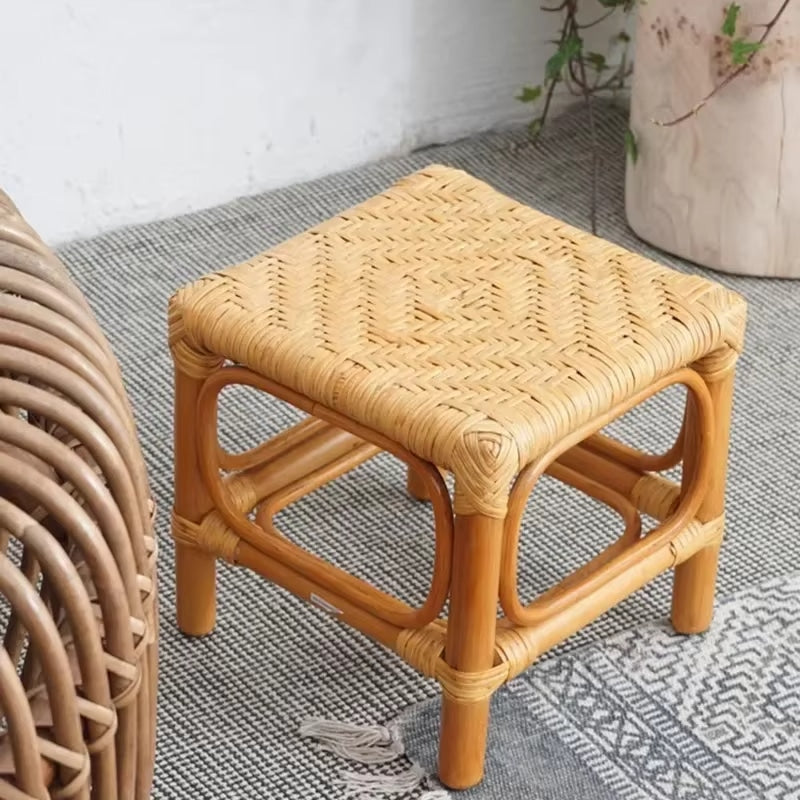 Small square hand woven wicker stool in a Scandinavian style