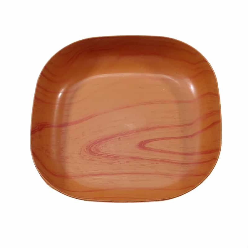 Small square plate with a warm wood grain and rounded corners