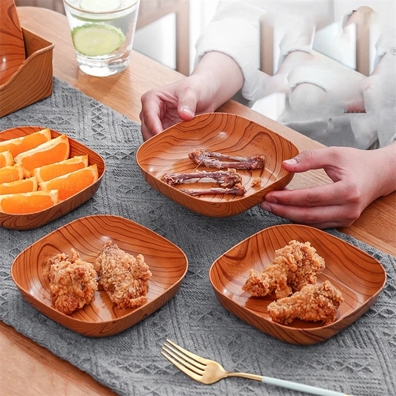 Small square plate with a warm wood grain and rounded corners