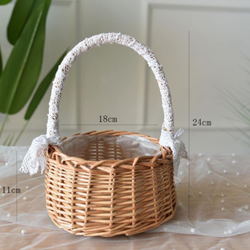 Two small woven baskets with lace wrapped handles and bows