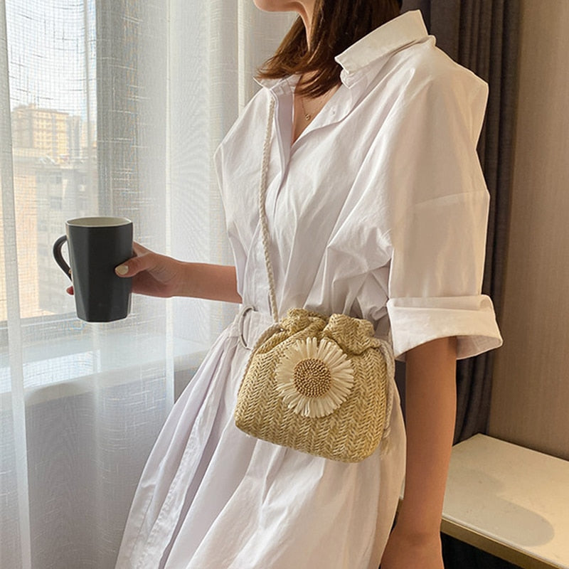 Small woven crossbody bag with an adjustable strap in beige or brown
