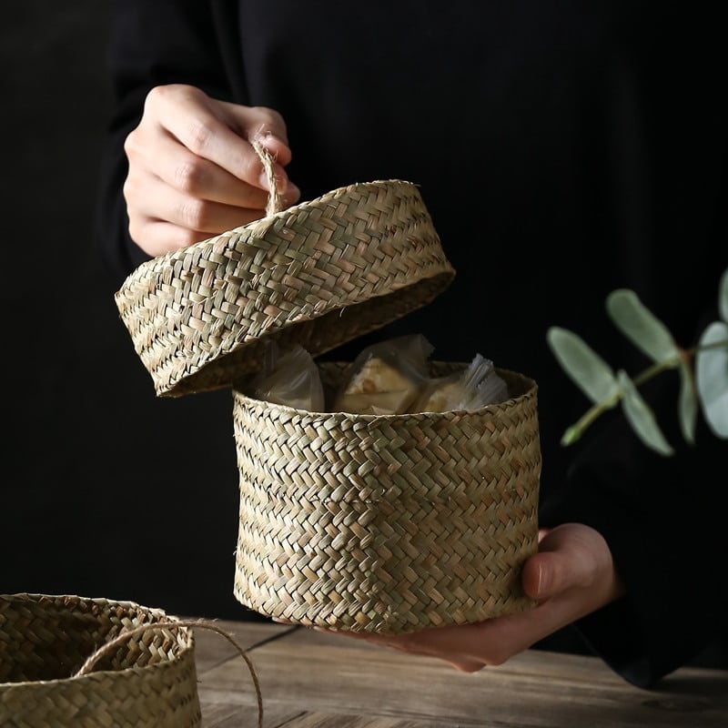 Small hand woven rattan box with a fitted lid