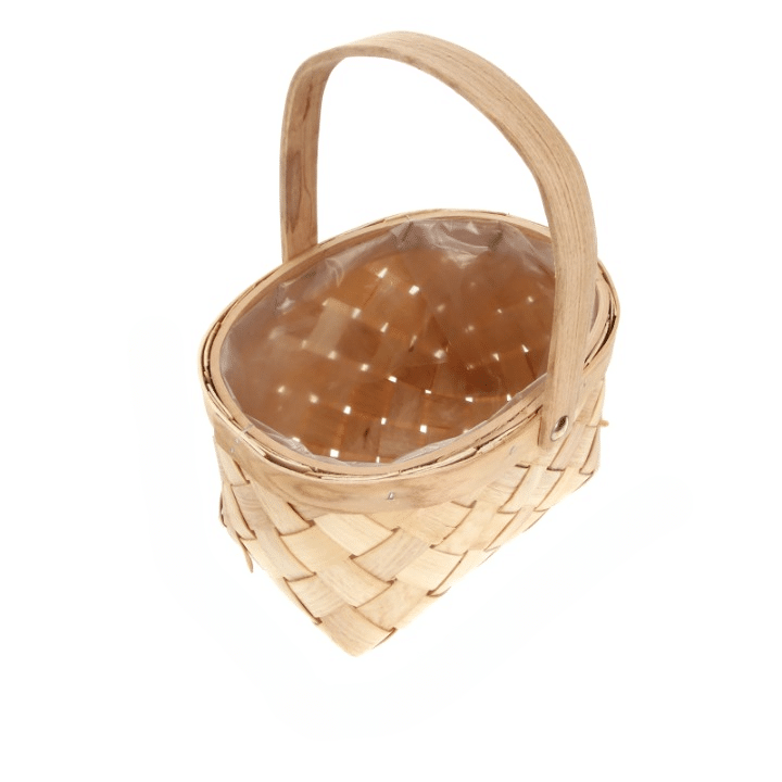 Small woven wood strip basket with wooden handle