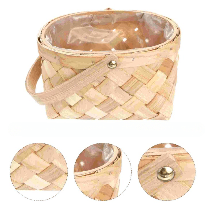 Small woven wood strip basket with wooden handle