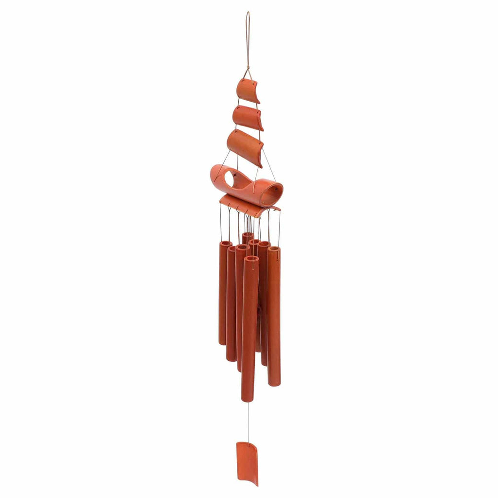 Reddish brown bamboo wind chime with a spiral top and hanging tubes
