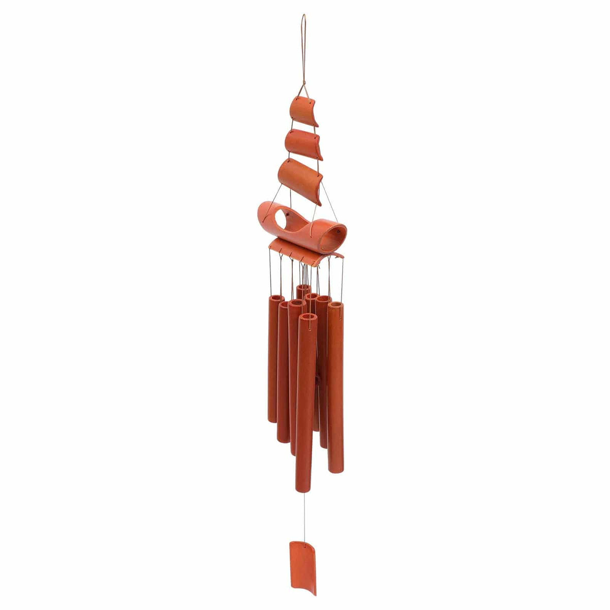 Reddish brown bamboo wind chime with a spiral top and hanging tubes
