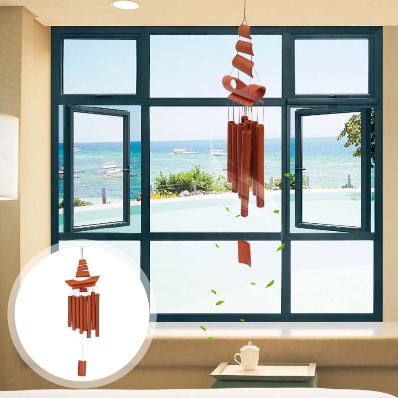 Reddish brown bamboo wind chime with a spiral top and hanging tubes