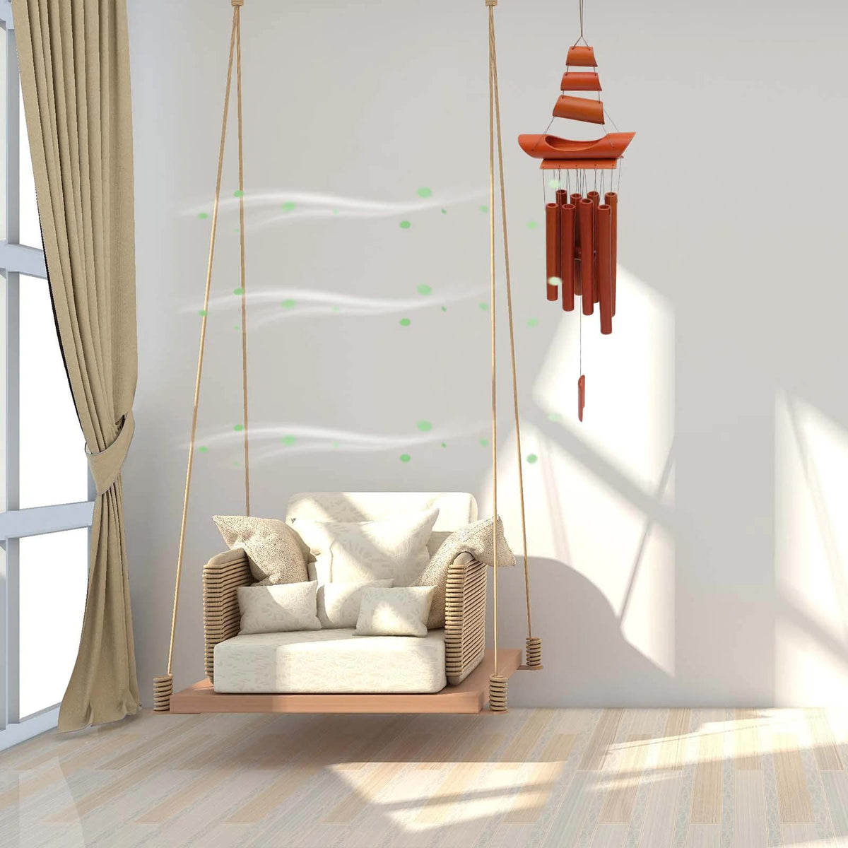 Reddish brown bamboo wind chime with a spiral top and hanging tubes