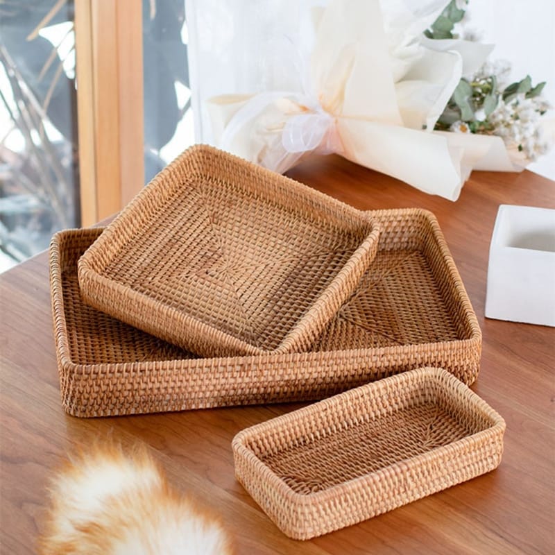 Square handwoven rattan tray with crisp corners