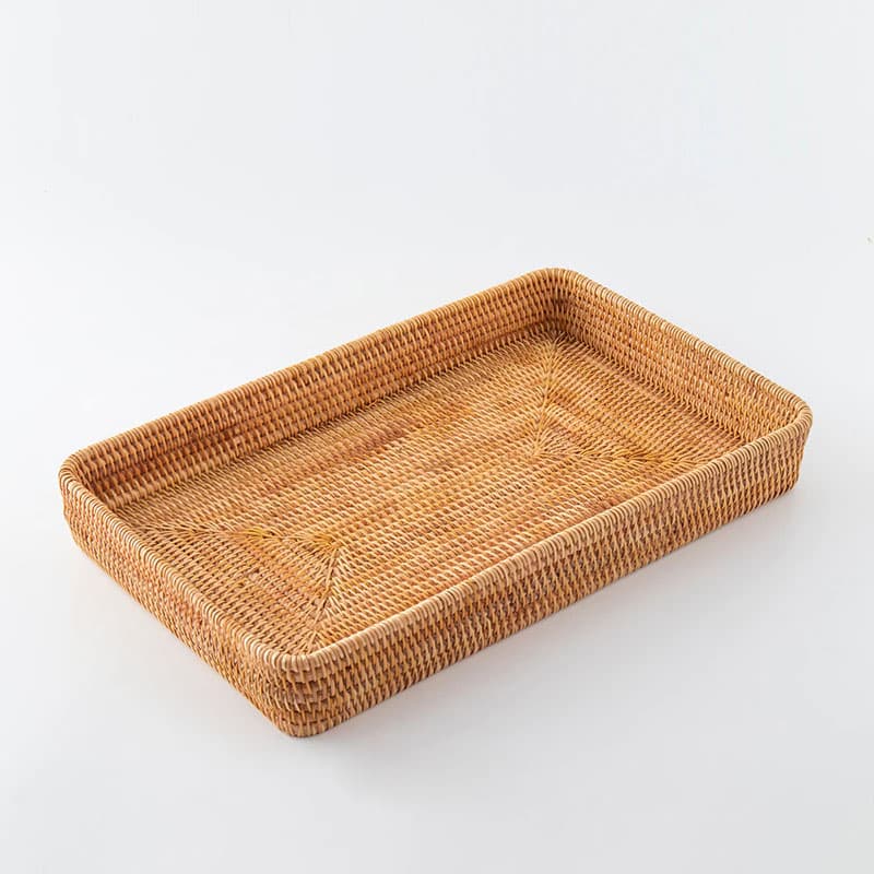 Square handwoven rattan tray with crisp corners