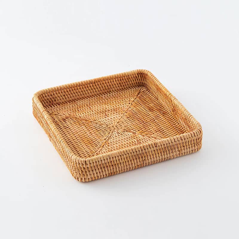 Square handwoven rattan tray with crisp corners