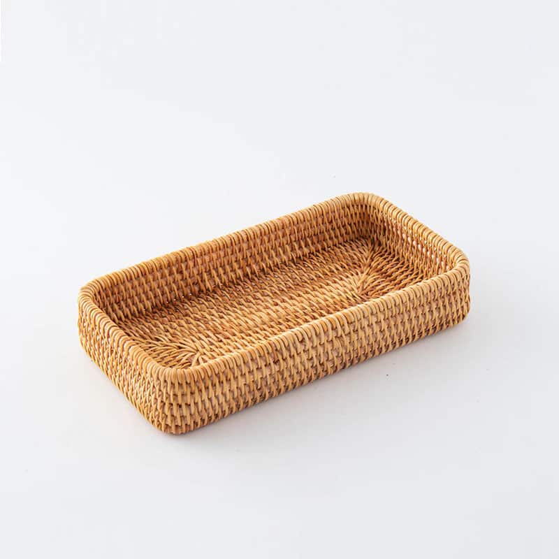 Square handwoven rattan tray with crisp corners