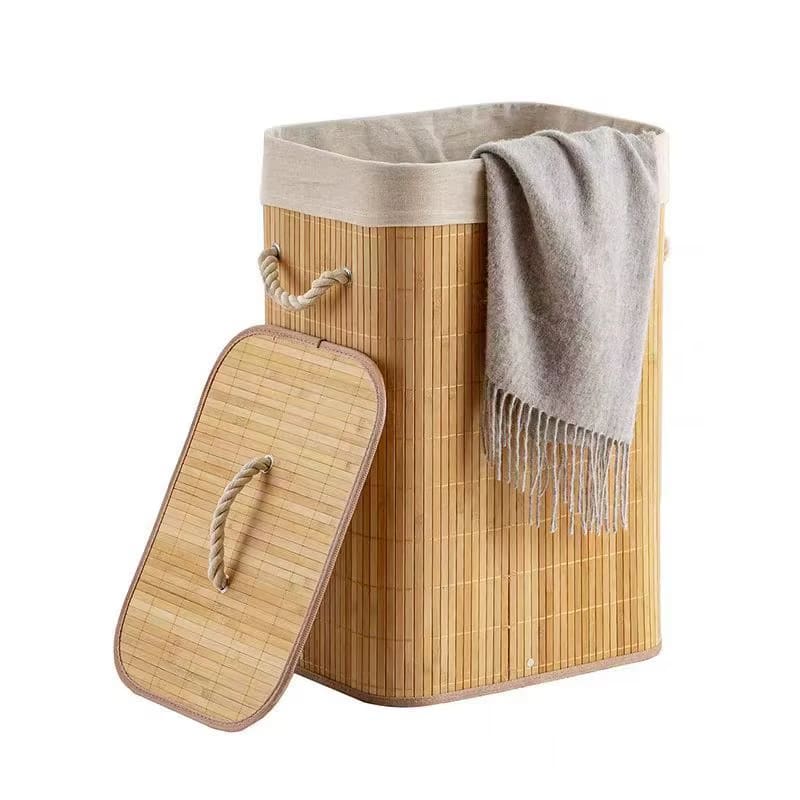 Square light bamboo laundry hamper with lid and liner