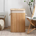 Square light bamboo laundry hamper with lid and liner