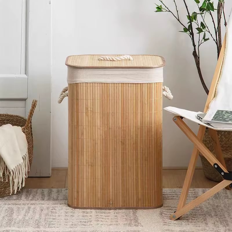 Square light bamboo laundry hamper with lid and liner
