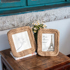 Square picture frame wrapped in natural hemp rope