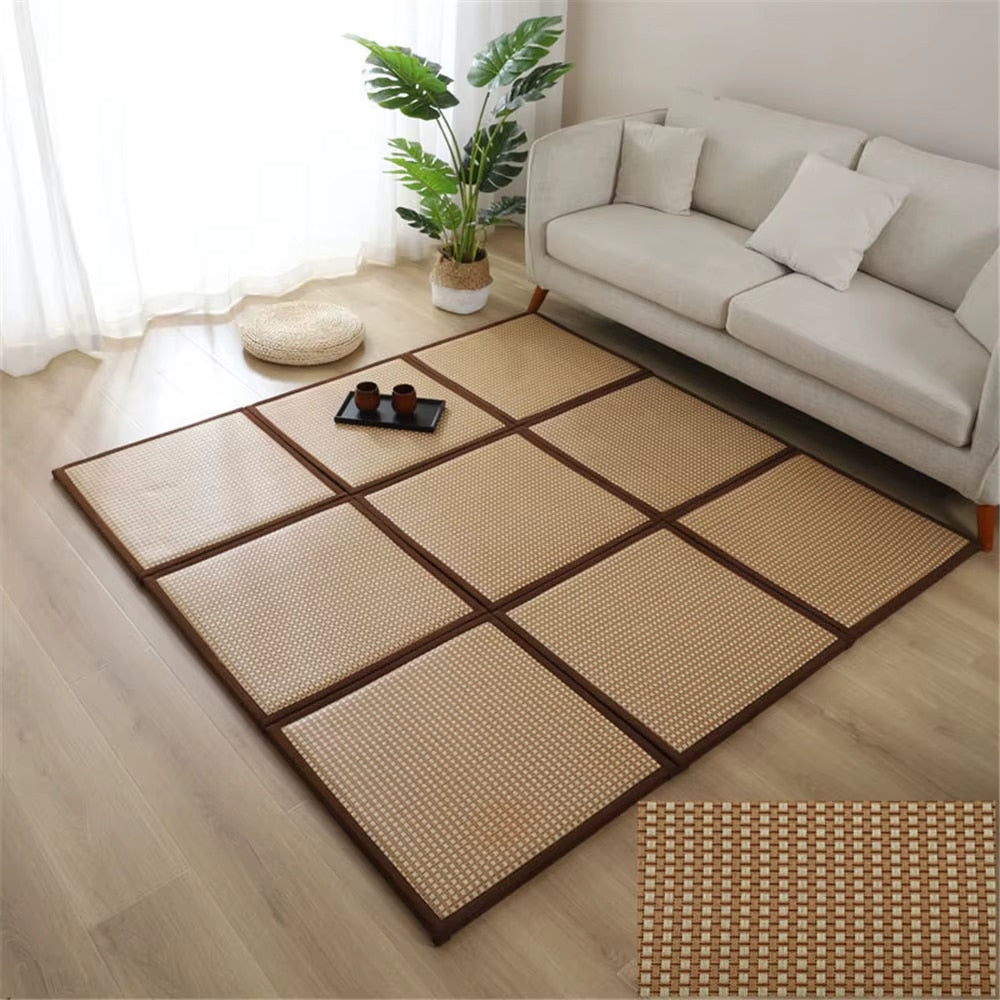 Square woven rattan floor mats with brown borders