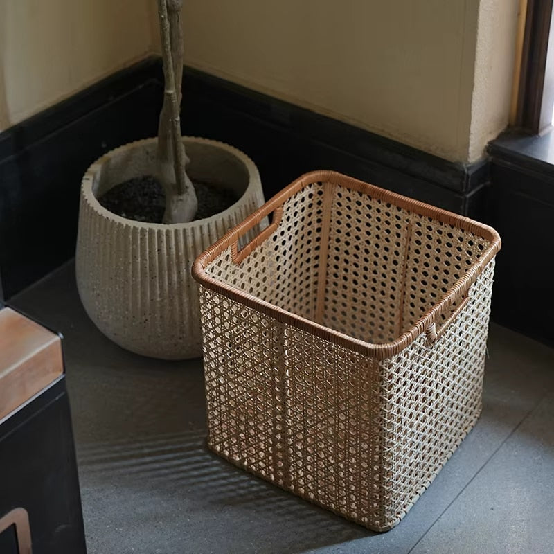 Square open weave beige rattan basket with handles
