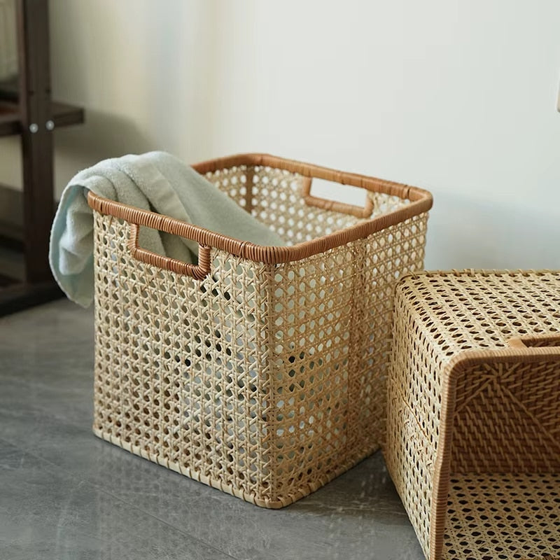 Square open weave beige rattan basket with handles
