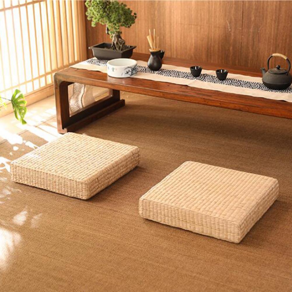 Low square hand woven rattan floor pouf