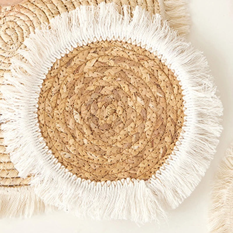 Square hand woven rattan placemat with fine threads woven along the edge