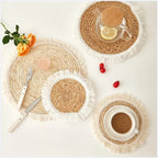 Square hand woven rattan placemat with fine threads woven along the edge