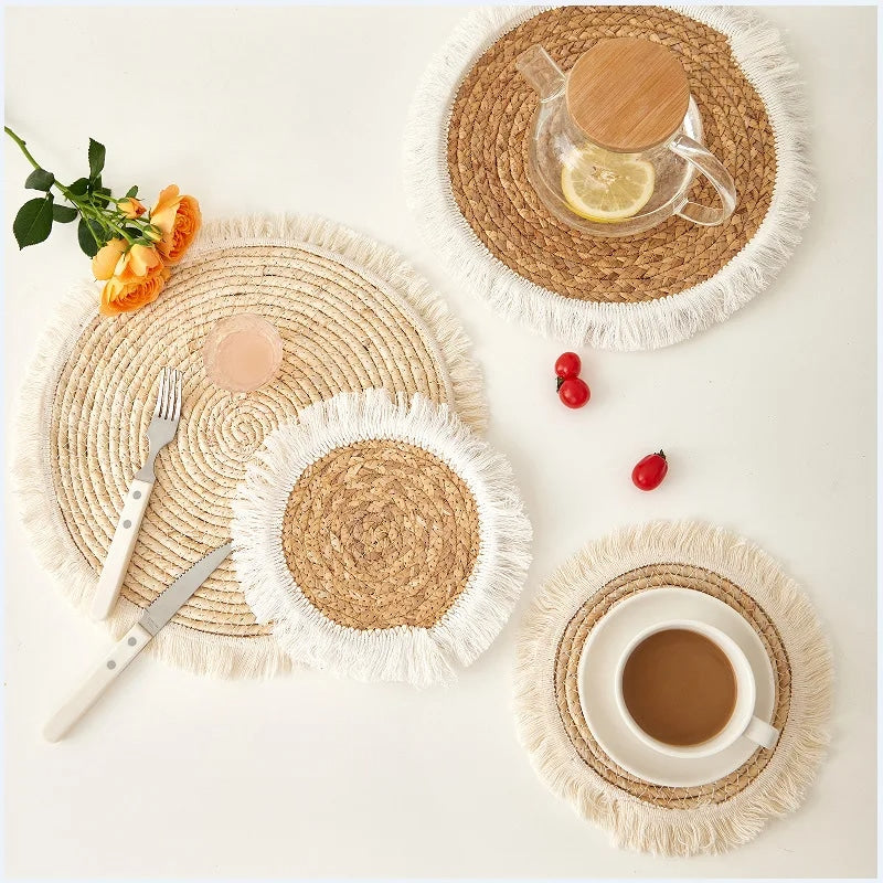 Square hand woven rattan placemat with fine threads woven along the edge