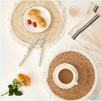 Square hand woven rattan placemat with fine threads woven along the edge