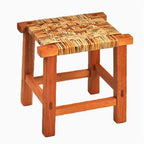 Square hand woven wicker stool on a solid wood frame