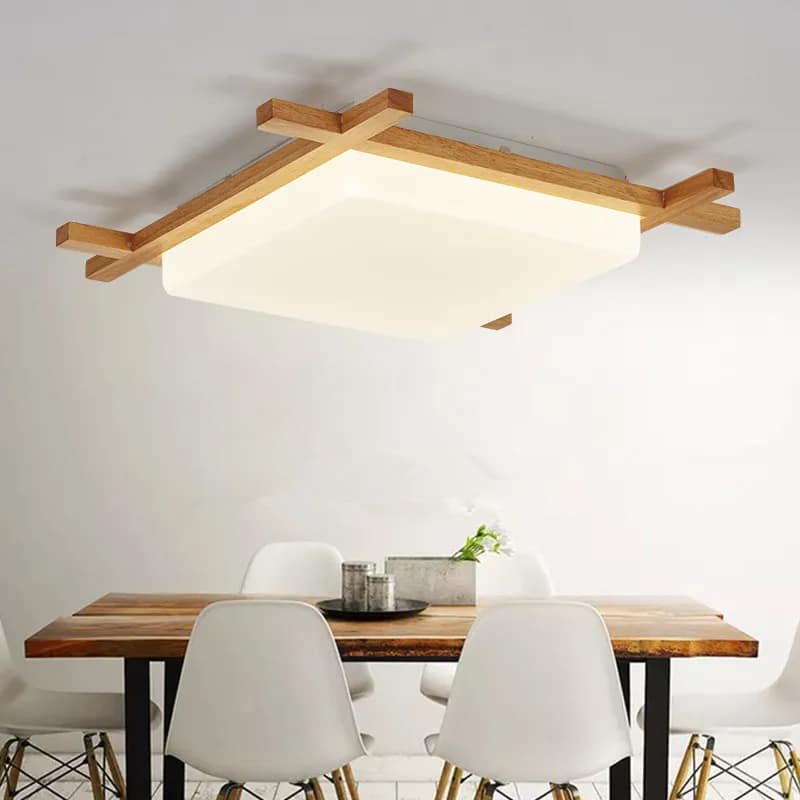 Square brown wood pendant light with clean lines
