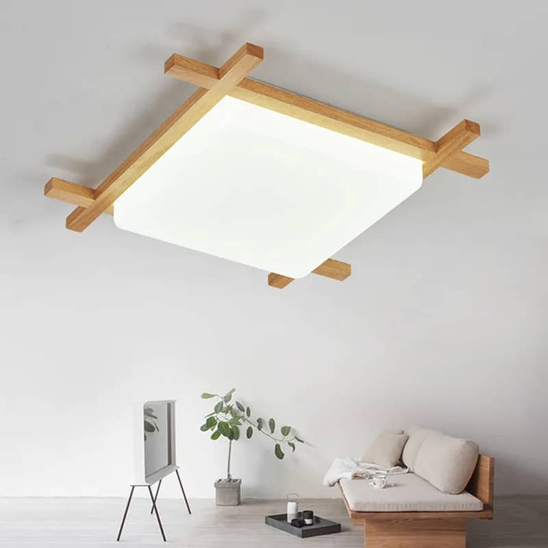 Square brown wood pendant light with clean lines