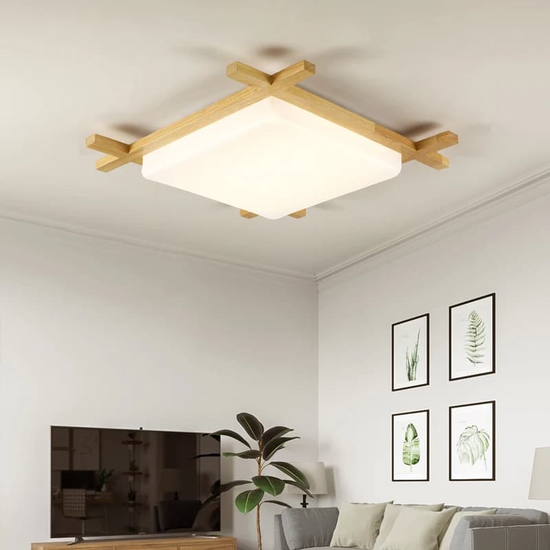 Square brown wood pendant light with clean lines