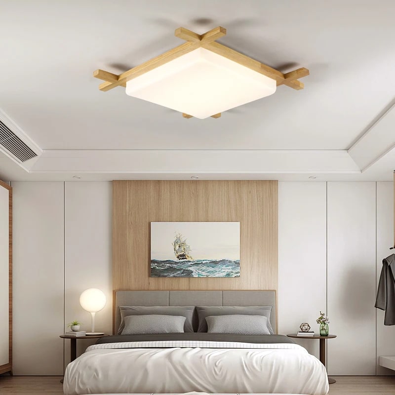 Square brown wood pendant light with clean lines