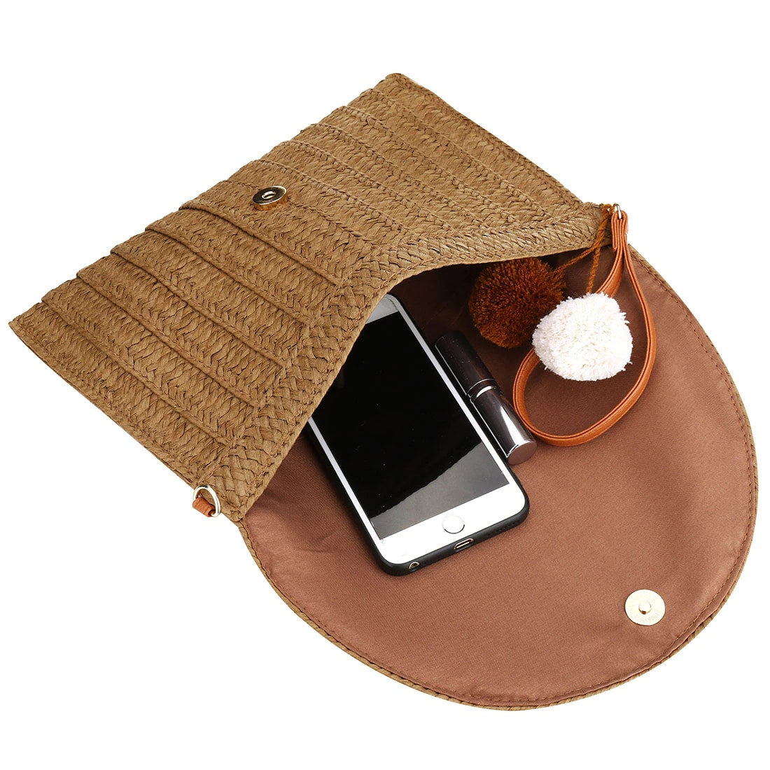Square woven clutch with a contrasting geometric pattern and a wrist strap