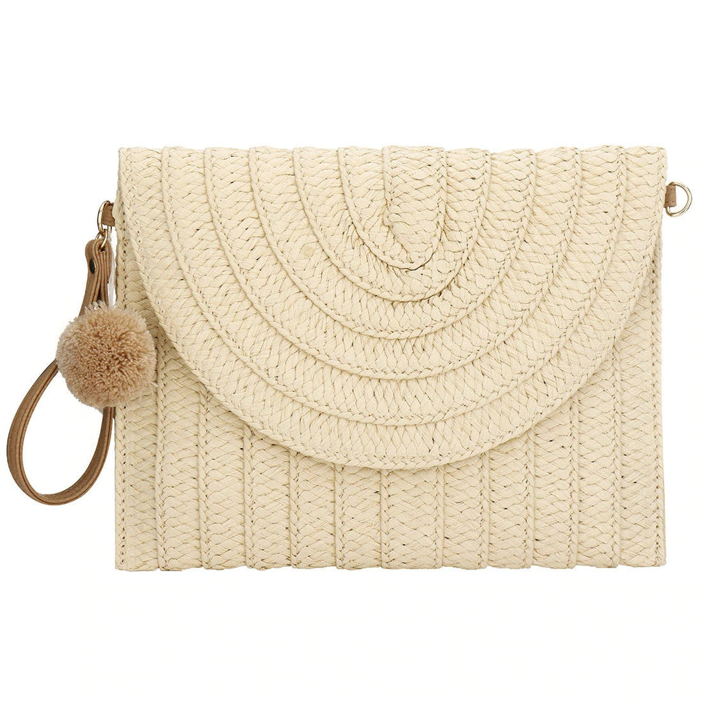 Square woven clutch with a contrasting geometric pattern and a wrist strap