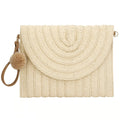 Square woven clutch with a contrasting geometric pattern and a wrist strap