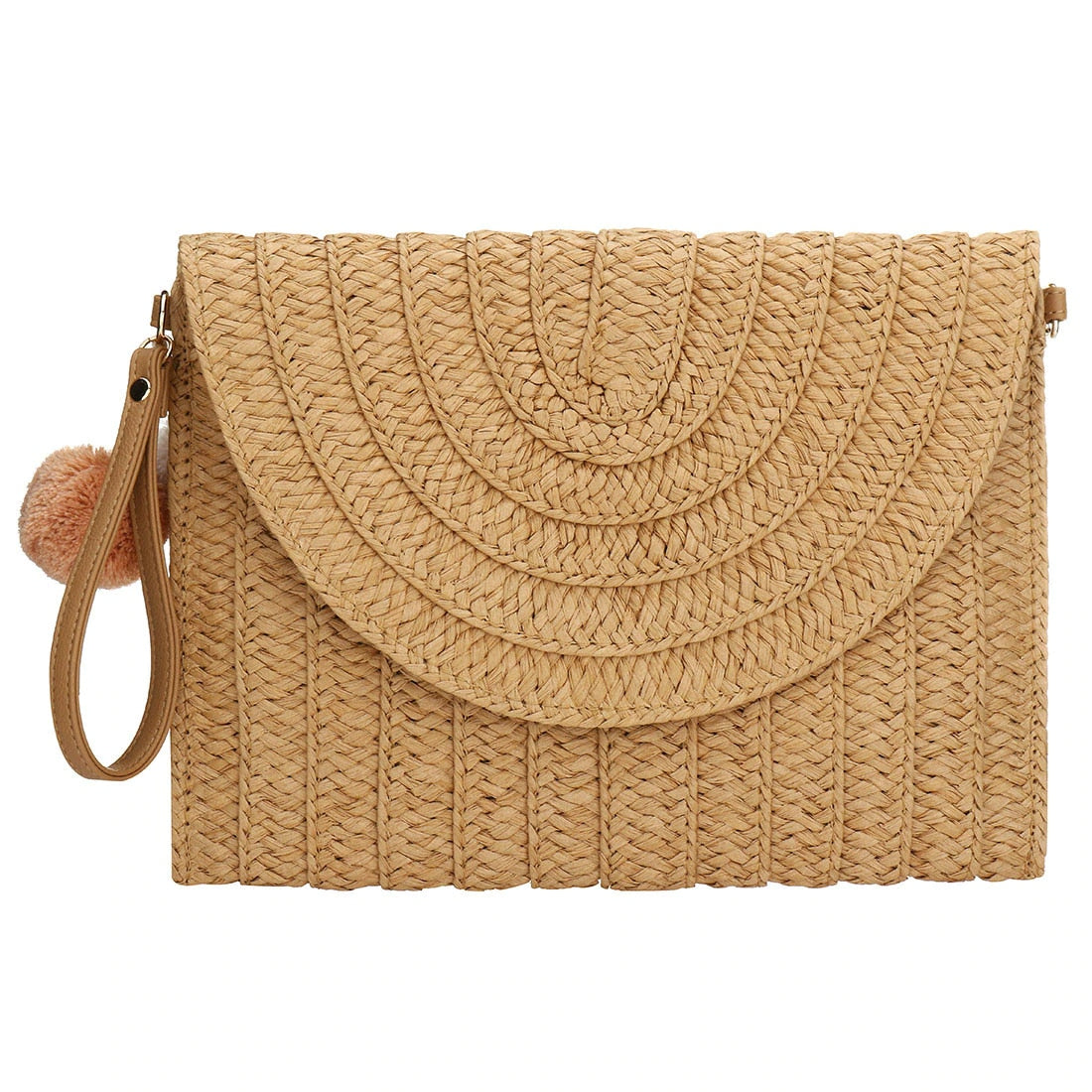 Square woven clutch with a contrasting geometric pattern and a wrist strap