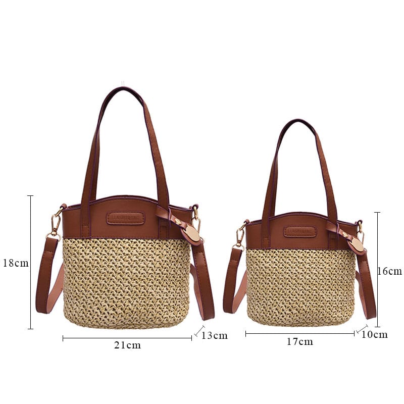 Hand woven straw handbag with smooth faux leather edging and strap