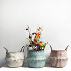 Striped woven belly baskets in white and blue