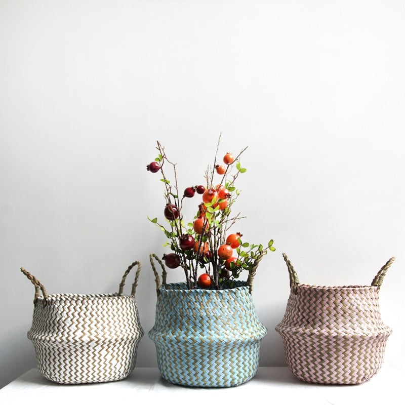 Striped woven belly baskets in white and blue