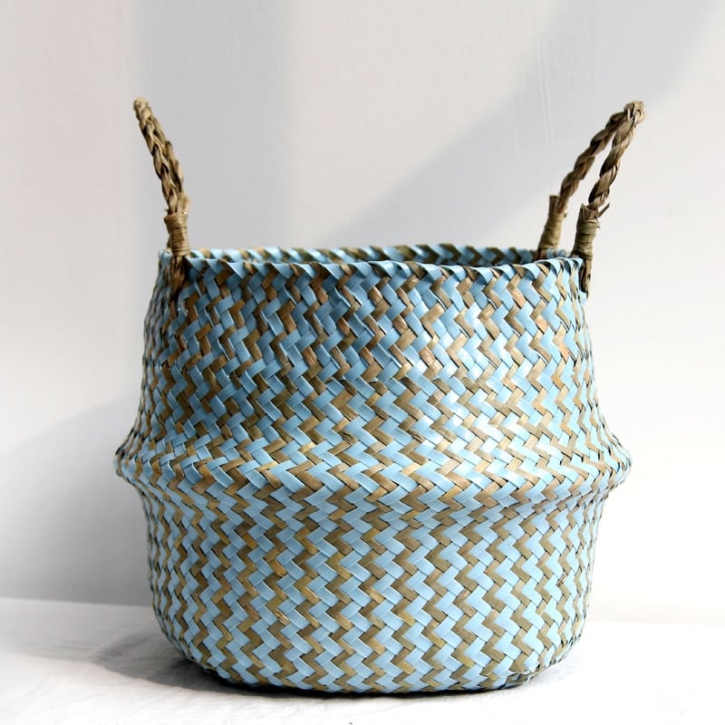 Striped woven belly baskets in white and blue