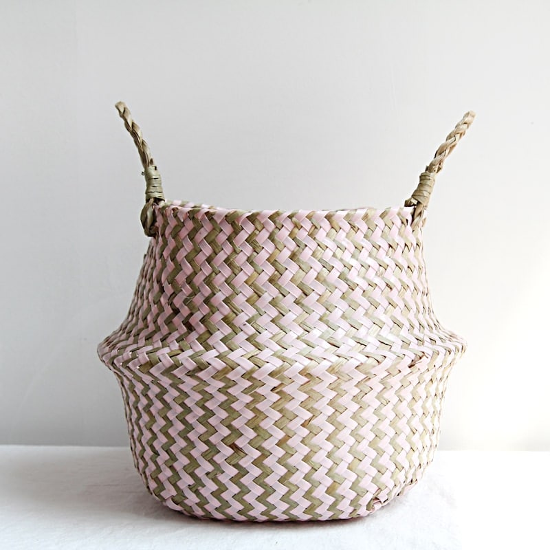 Striped woven belly baskets in white and blue