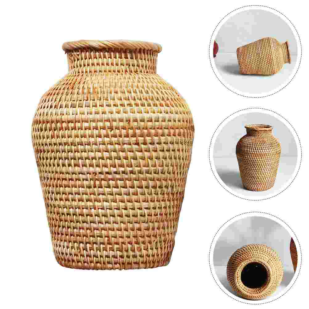 Round handwoven rattan vase with fine accent stripes