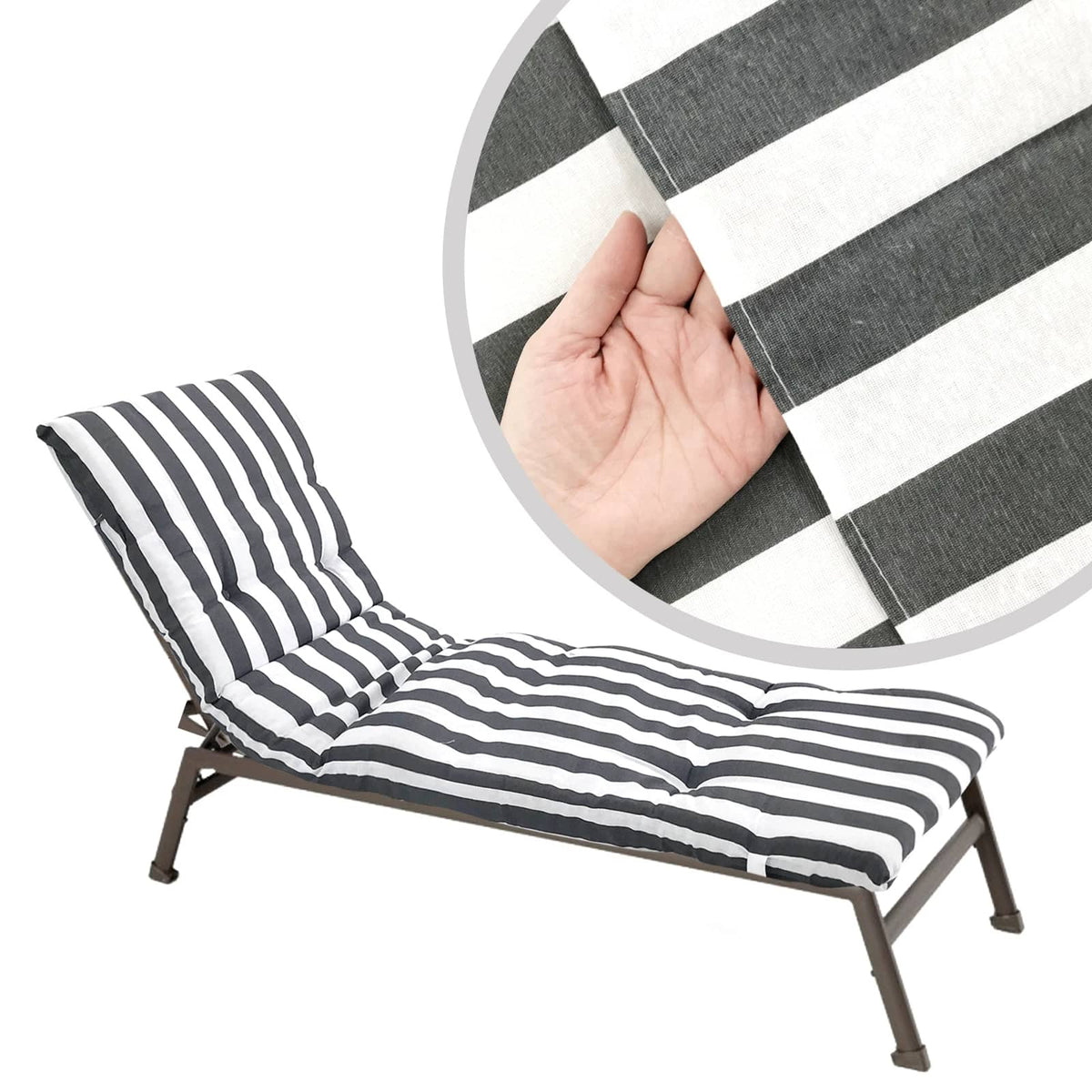 Long striped polyester sun lounger cushion in blue, gray or green